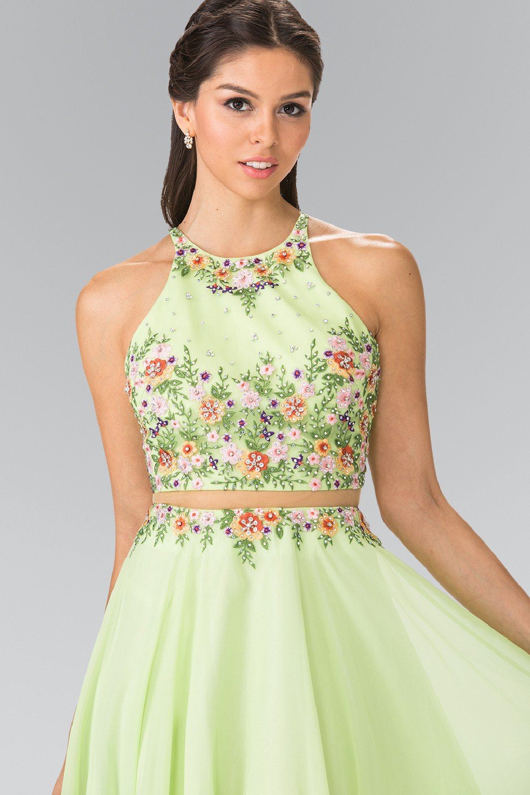 Long Mock Two-Piece Floral Embroidered Dress by Elizabeth K GL2340 M / Neon Green Long Mock Two-Piece Floral Embroidered Dress by Elizabeth K GL2340 M / Neon Green