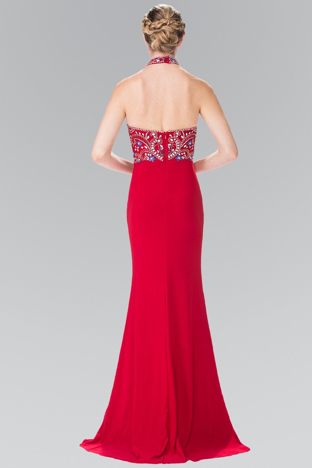 Long Multi-Color Beaded Illusion Halter Dress by Elizabeth K GL2279 M / Blush Pink