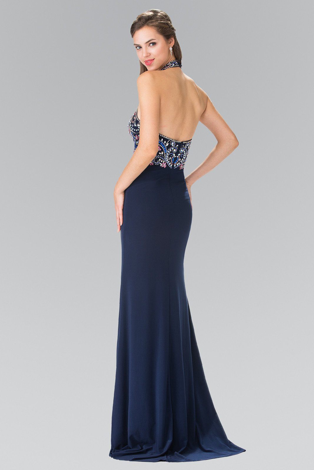 illusion color dress Long Multi-Color Beaded Illusion Halter Dress by Elizabeth K GL2279 M / Blush Pink