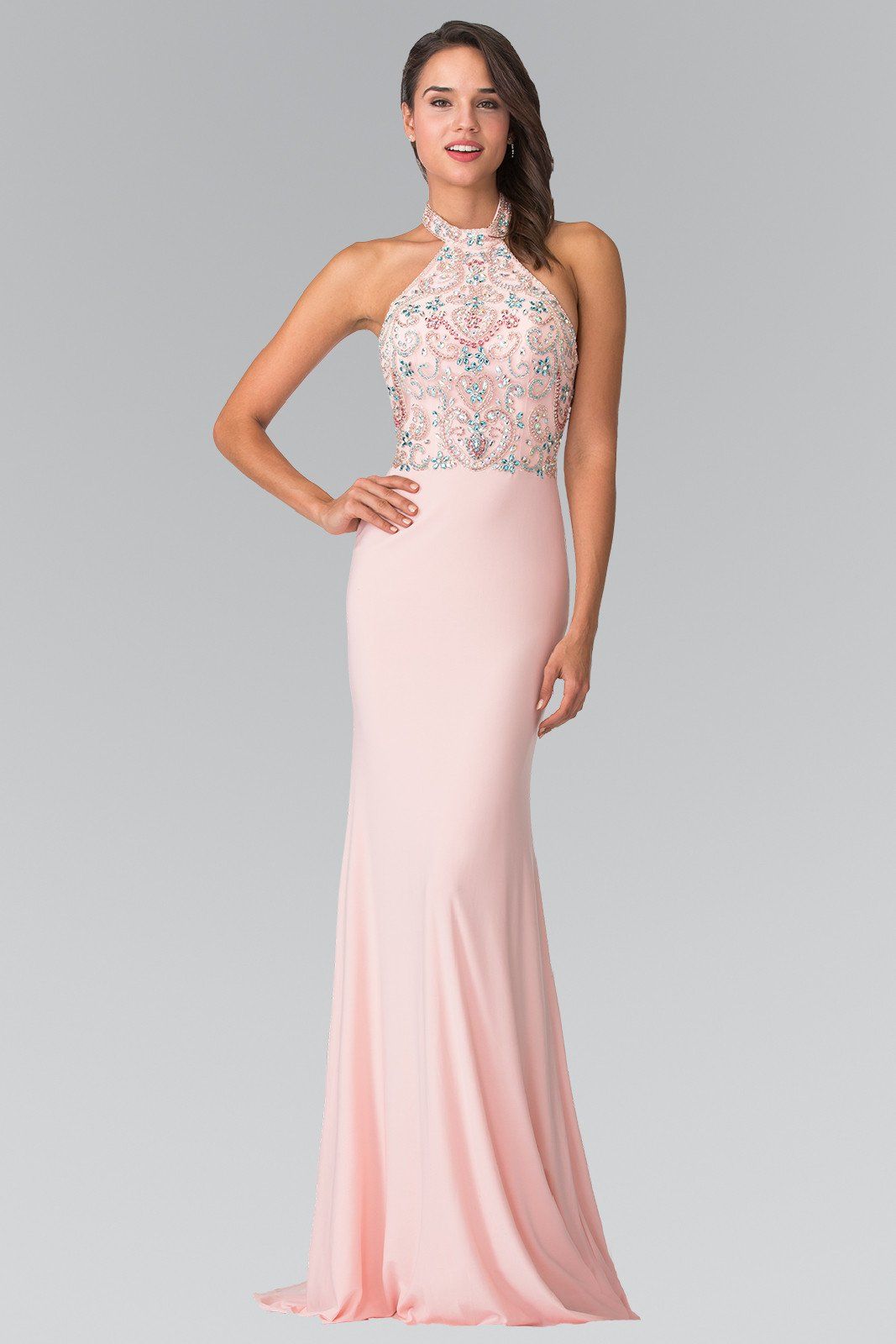 Long Multi-Color Beaded Illusion Halter Dress by Elizabeth K GL2279-Long Formal Dresses-ABC Fashion