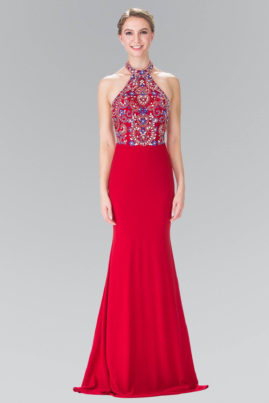 Long Multi-Color Beaded Illusion Halter Dress by Elizabeth K GL2279-Long Formal Dresses-ABC Fashion