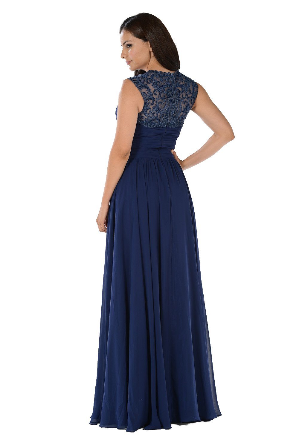 Long Navy Blue Dress with Pleated V-Neck Bodice by Poly USA-Long Formal Dresses-ABC Fashion