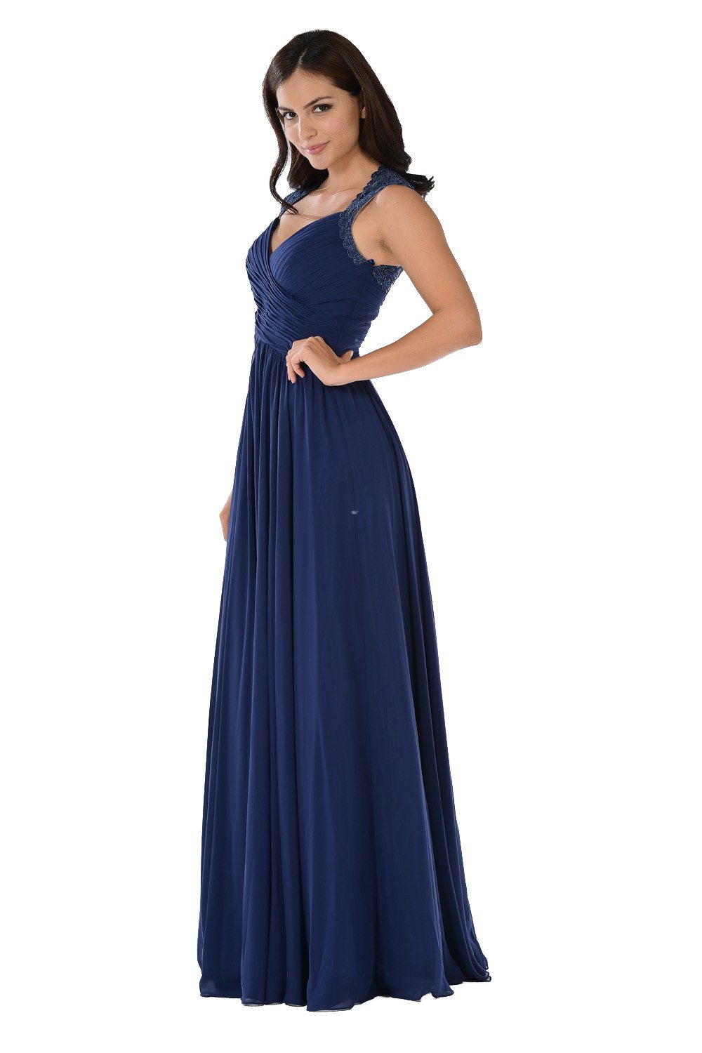 Long Navy Blue Dress with Pleated V-Neck Bodice by Poly USA-Long Formal Dresses-ABC Fashion