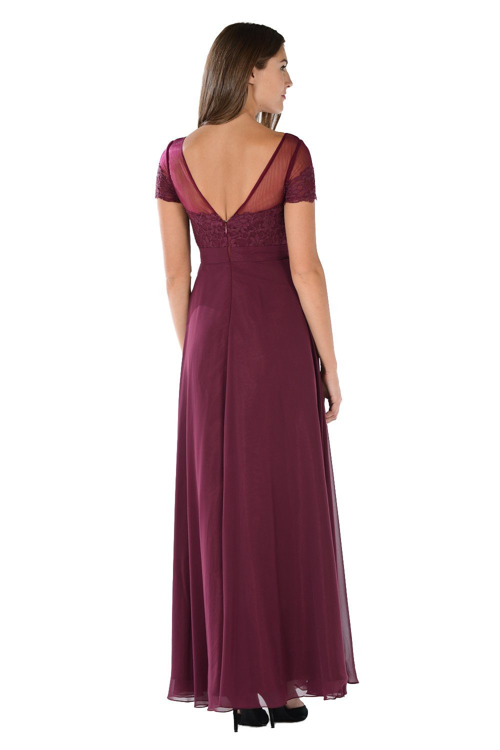 Long Navy Blue Dress with Short Sleeved Lace Bodice by Poly USA-Long Formal Dresses-ABC Fashion