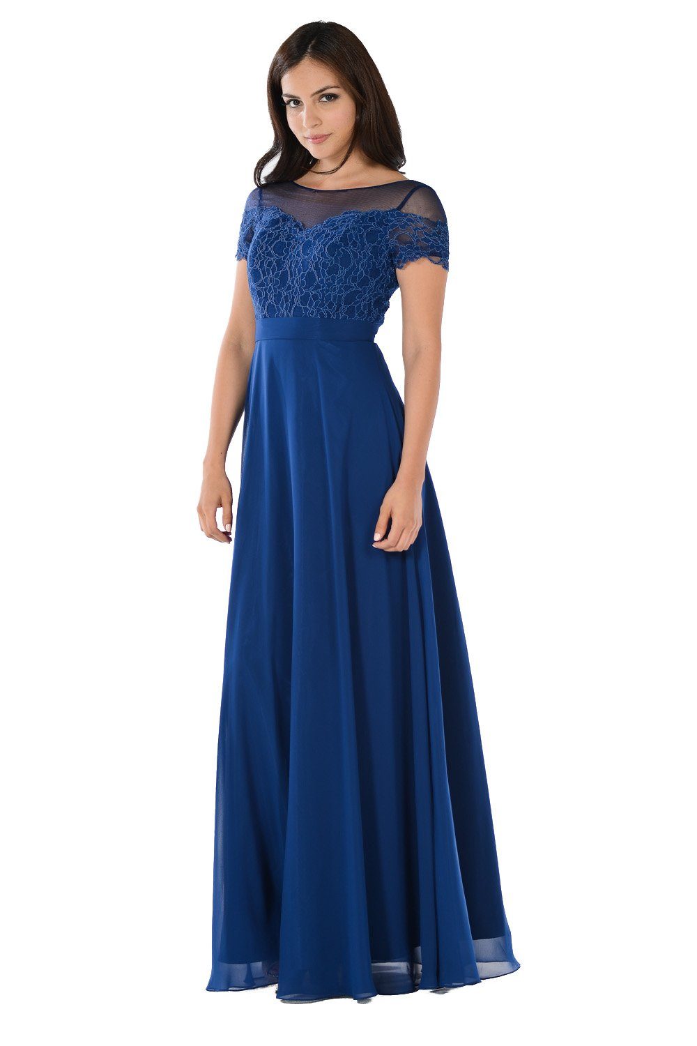Long Navy Blue Dress with Short Sleeved Lace Bodice by Poly USA-Long Formal Dresses-ABC Fashion