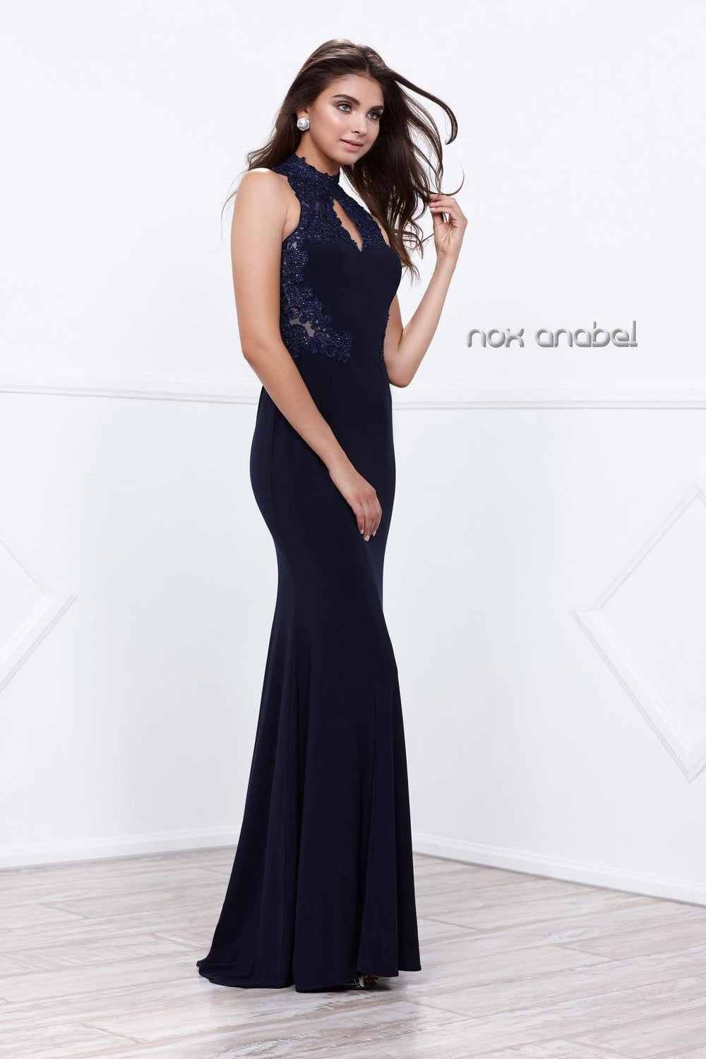 Long Navy Blue Halter Dress with Lace Bodice by Nox Anabel 8278-Long Formal Dresses-ABC Fashion