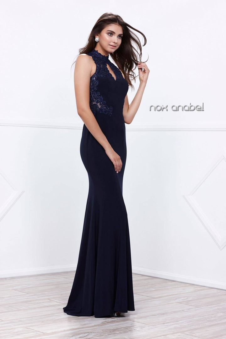 Long Navy Blue Halter Dress with Lace Bodice by Nox Anabel 8278-Long Formal Dresses-ABC Fashion