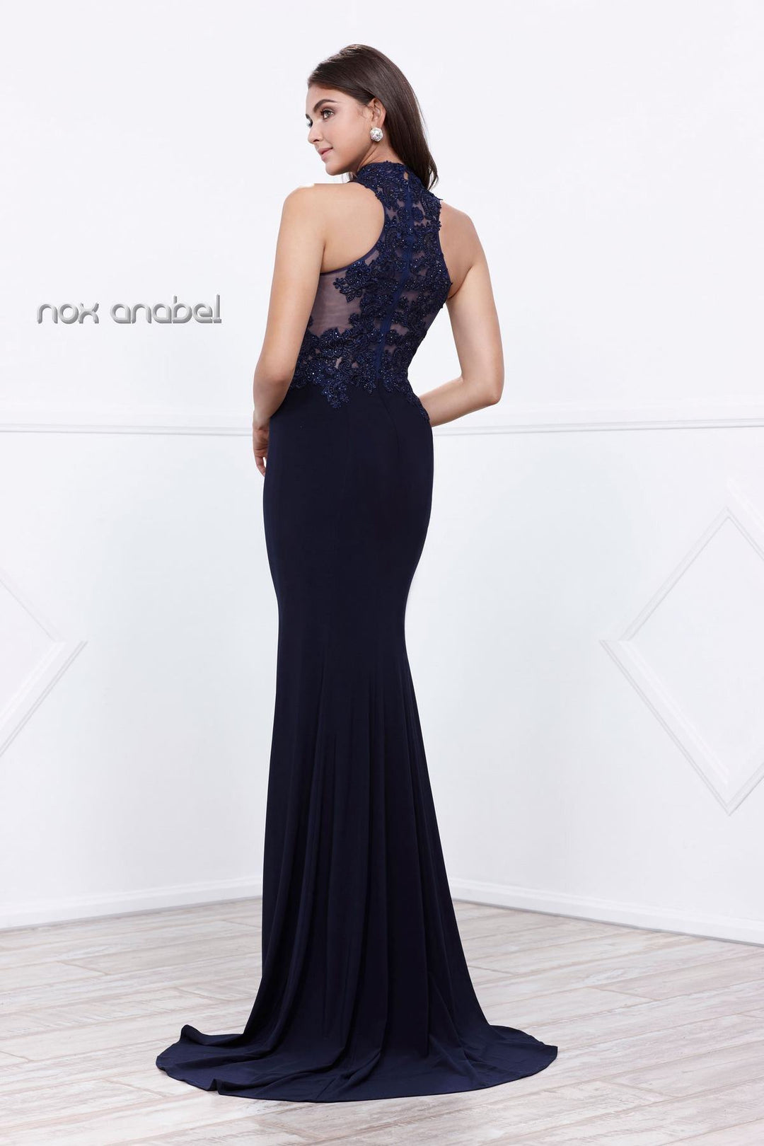 Long Navy Blue Halter Dress with Lace Bodice by Nox Anabel 8278-Long Formal Dresses-ABC Fashion
