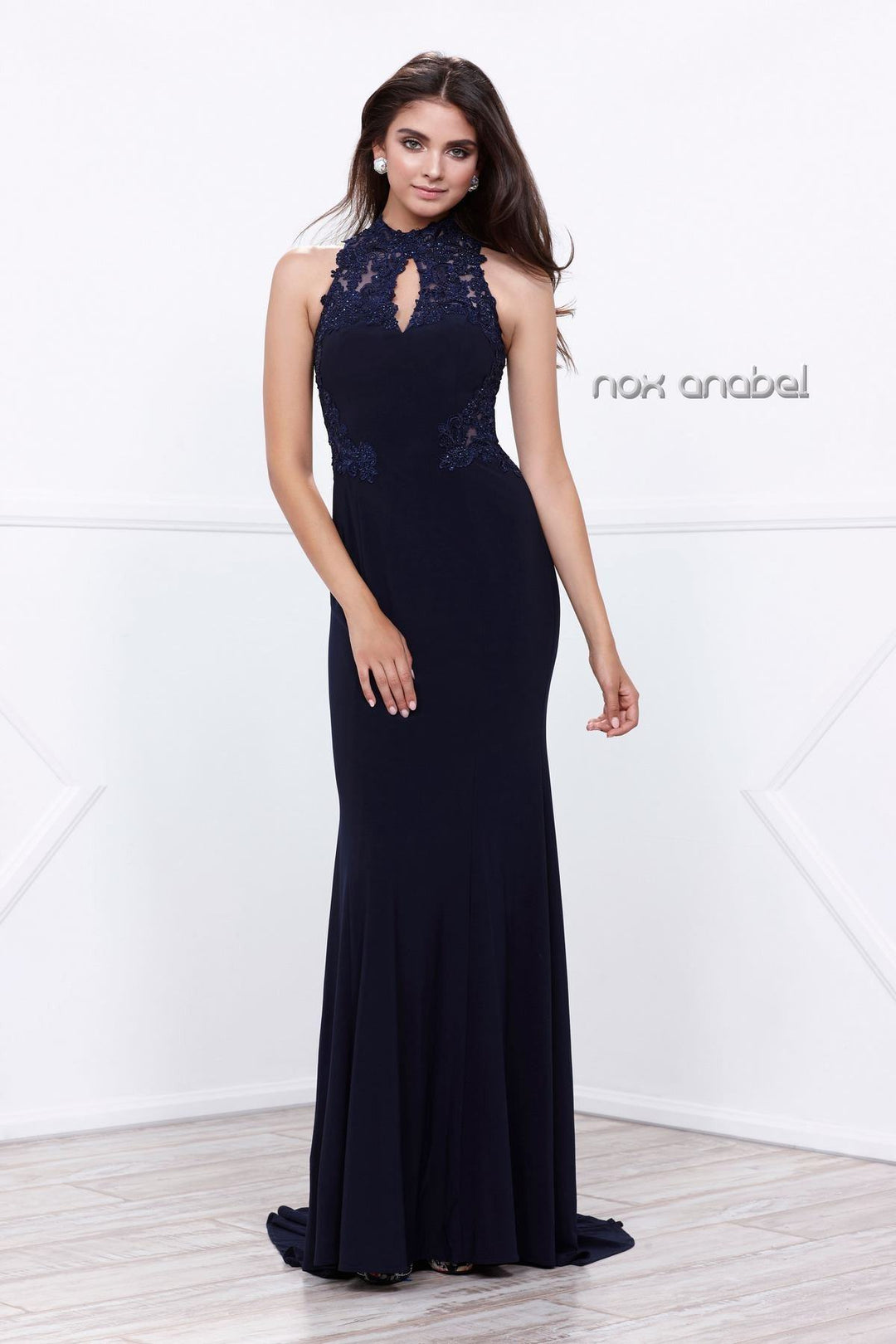 Long Navy Blue Halter Dress with Lace Bodice by Nox Anabel 8278-Long Formal Dresses-ABC Fashion