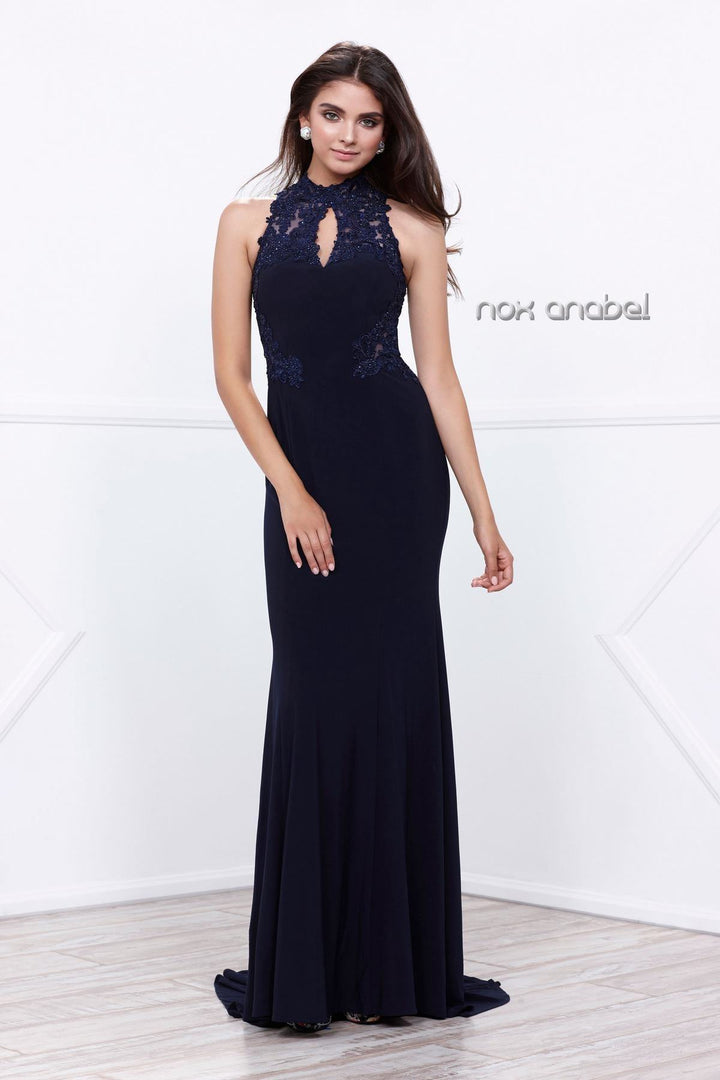 Long Navy Blue Halter Dress with Lace Bodice by Nox Anabel 8278-Long Formal Dresses-ABC Fashion