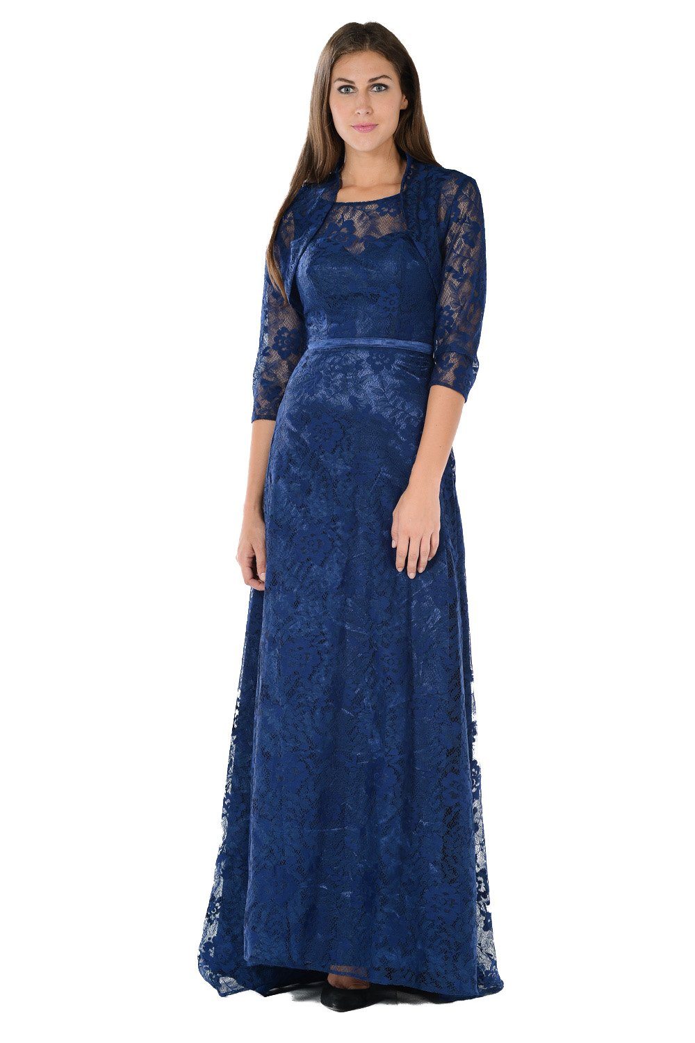 Long Navy Blue Lace Dress with Bolero Jacket by Poly USA-Long Formal Dresses-ABC Fashion