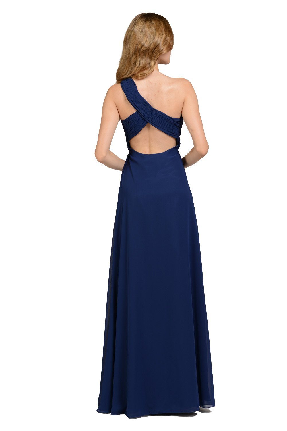 Long Navy Blue One Shoulder Chiffon Dress by Poly USA-Long Formal Dresses-ABC Fashion