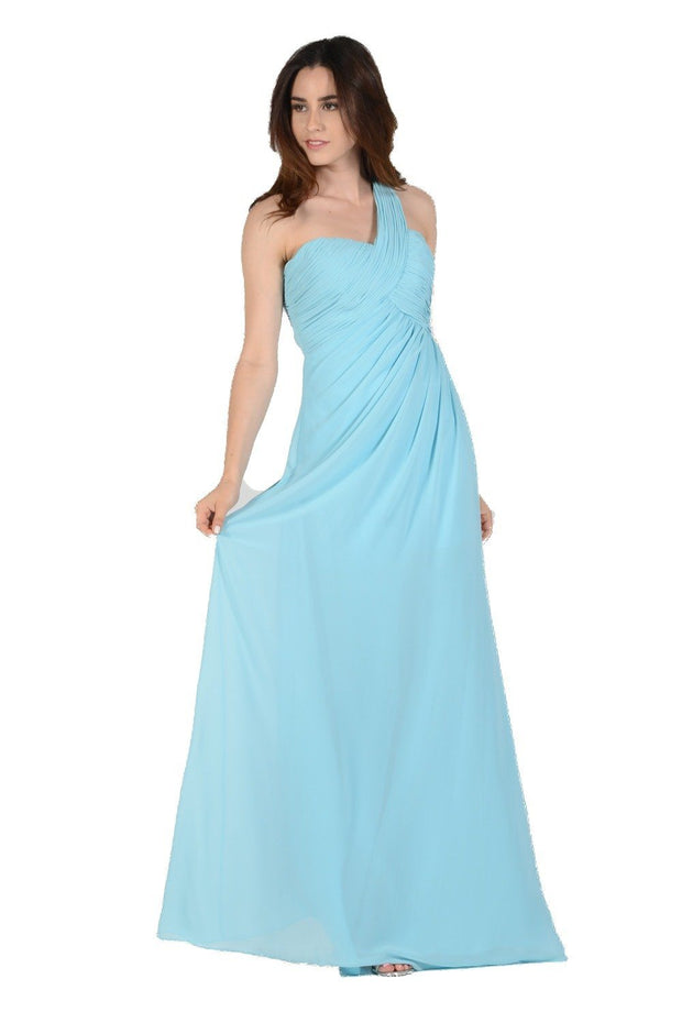 Long Navy Blue One Shoulder Chiffon Dress by Poly USA-Long Formal Dresses-ABC Fashion