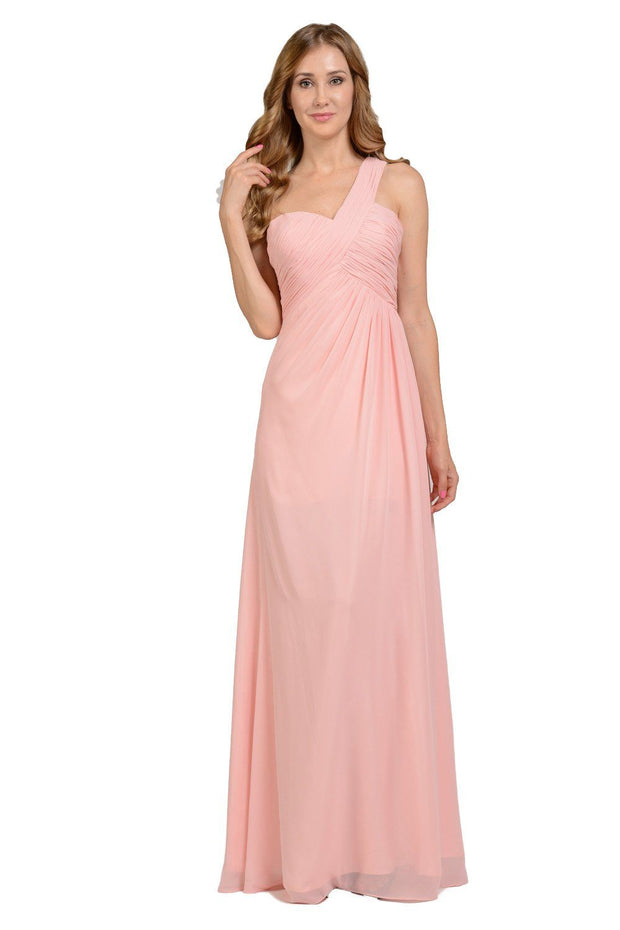 Long Navy Blue One Shoulder Chiffon Dress by Poly USA-Long Formal Dresses-ABC Fashion