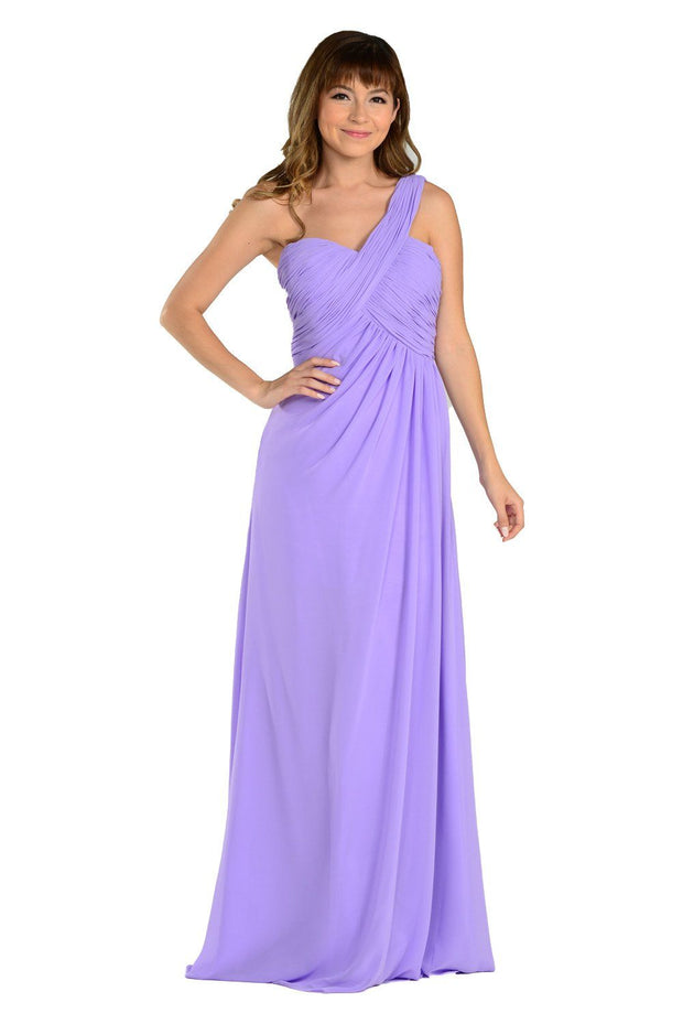 Long Navy Blue One Shoulder Chiffon Dress by Poly USA-Long Formal Dresses-ABC Fashion