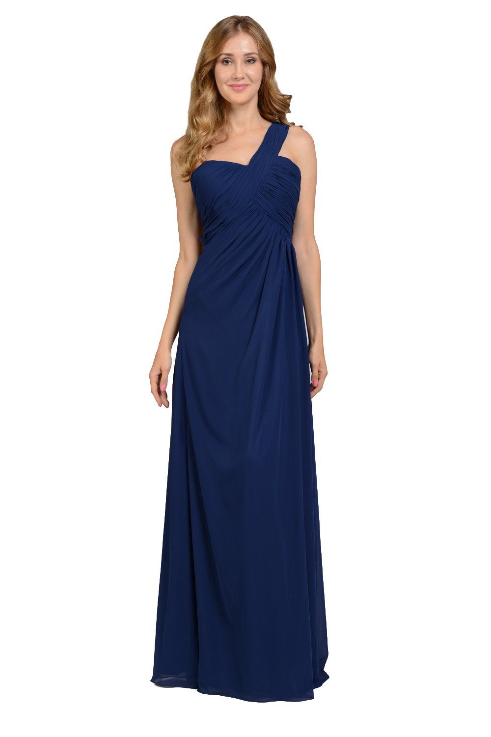 Long Navy Blue One Shoulder Chiffon Dress by Poly USA-Long Formal Dresses-ABC Fashion