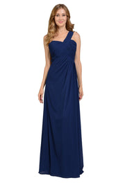 Long Navy Blue One Shoulder Chiffon Dress by Poly USA-Long Formal Dresses-ABC Fashion