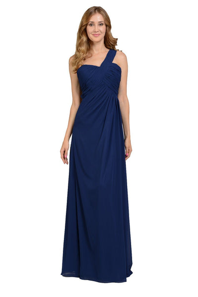 Long Navy Blue One Shoulder Chiffon Dress by Poly USA-Long Formal Dresses-ABC Fashion