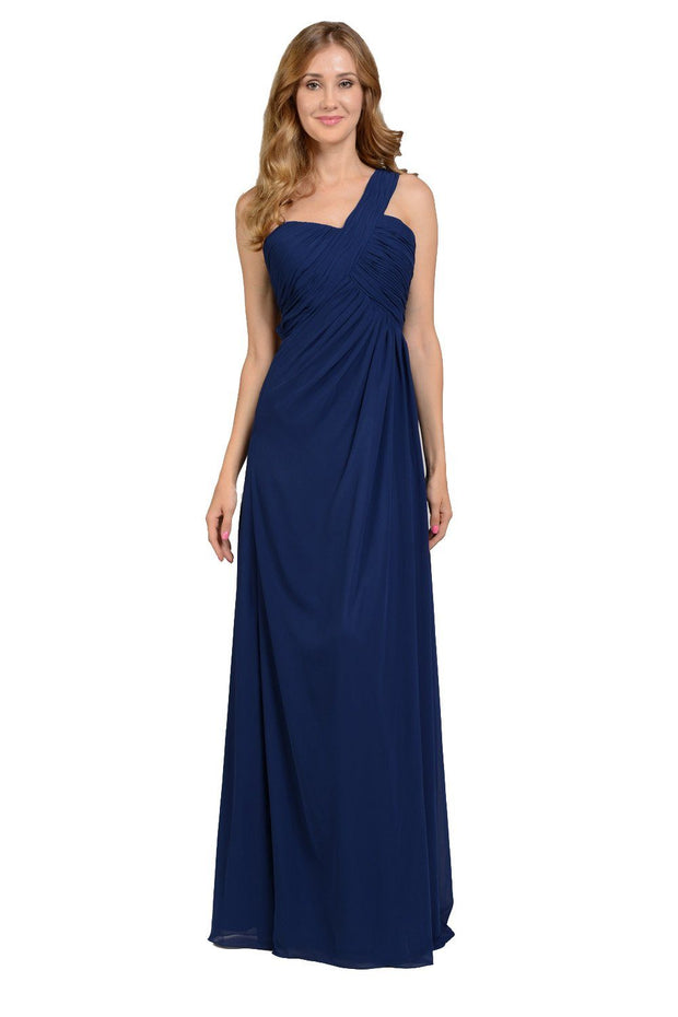 Long Navy Blue One Shoulder Chiffon Dress by Poly USA-Long Formal Dresses-ABC Fashion