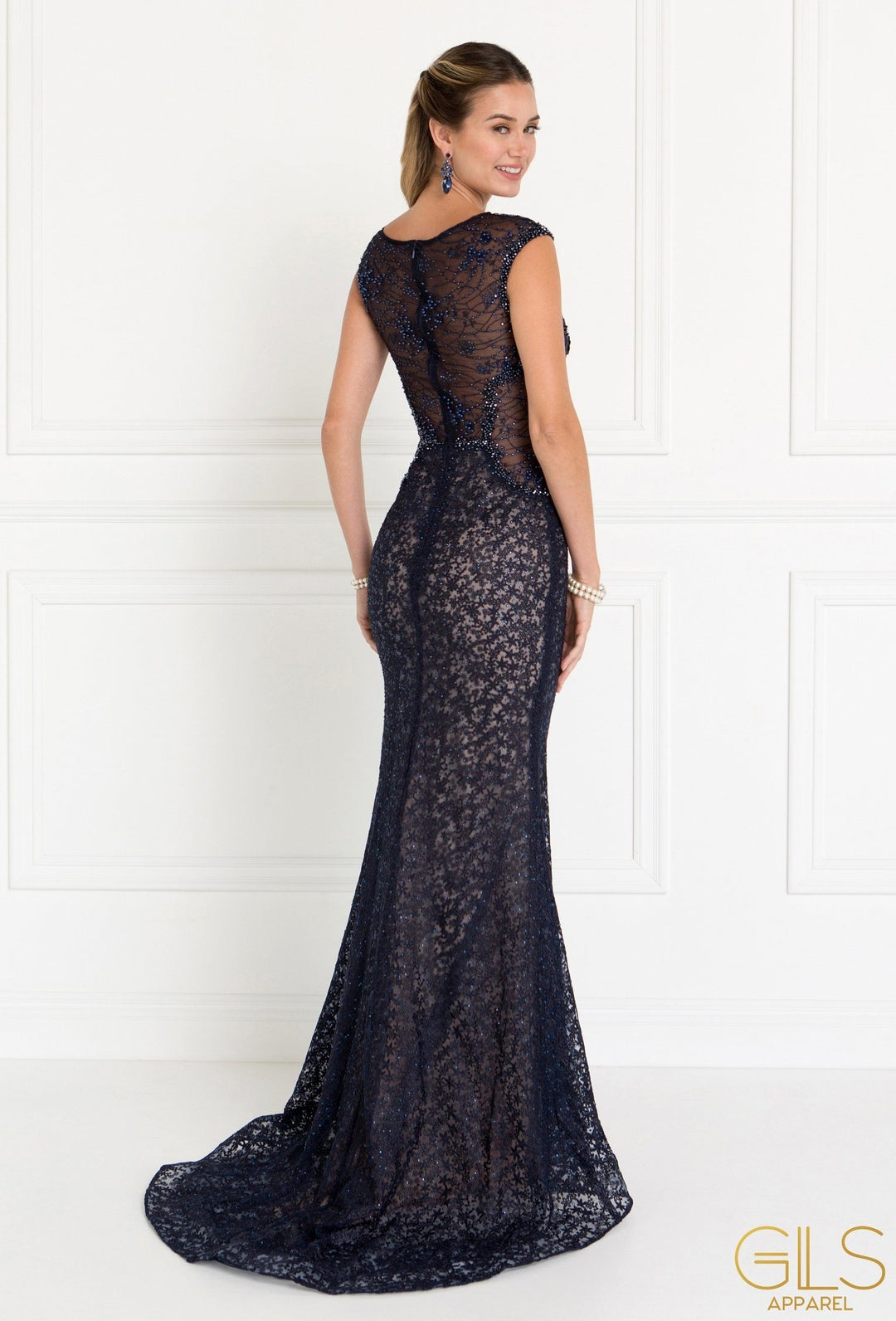 Long Navy Cap Sleeve Lace Dress by Elizabeth K GL1531-Long Formal Dresses-ABC Fashion