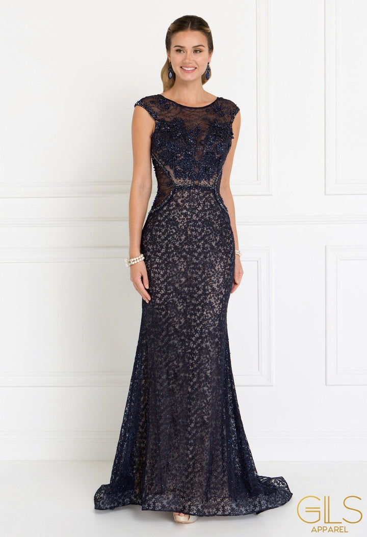 Long Navy Cap Sleeve Lace Dress by Elizabeth K GL1531-Long Formal Dresses-ABC Fashion