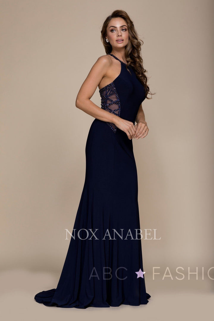 Long Navy Dress with Beaded Illusion Back by Nox Anabel A019-Long Formal Dresses-ABC Fashion