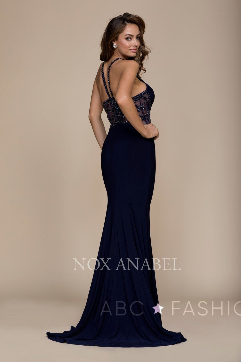 Long Navy Dress with Beaded Illusion Back by Nox Anabel A019-Long Formal Dresses-ABC Fashion