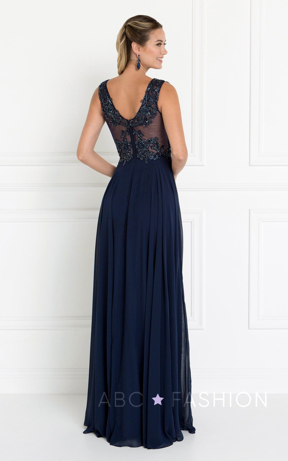 Long Navy Dress with Beaded Illusion Bodice by Elizabeth K GL1566-Long Formal Dresses-ABC Fashion