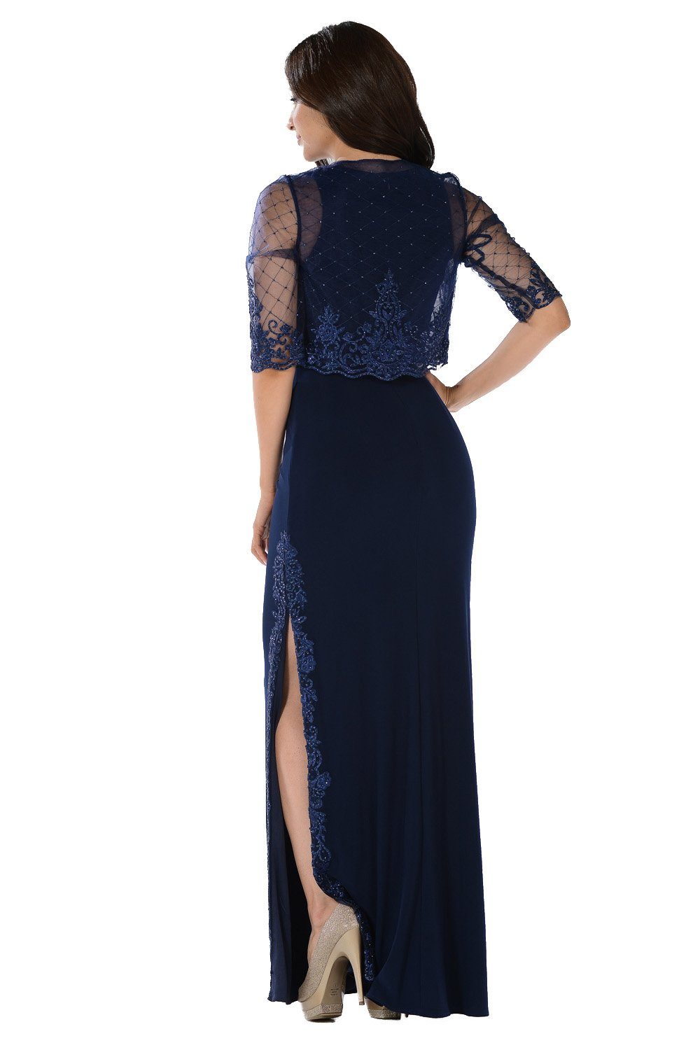 Long Navy Dress with Embellished Bolero Jacket by Poly USA-Long Formal Dresses-ABC Fashion