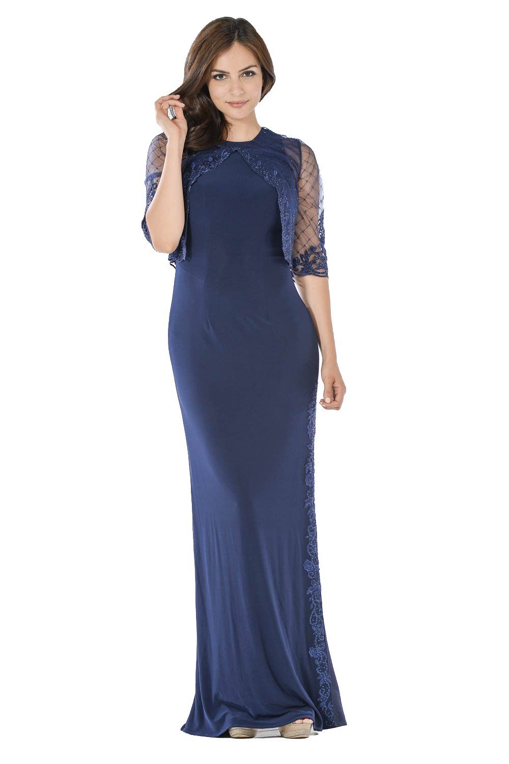 Long Navy Dress with Embellished Bolero Jacket by Poly USA-Long Formal Dresses-ABC Fashion