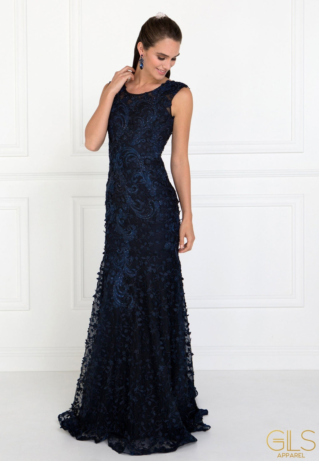 Long Navy Dress with Embroidered Petals by Elizabeth K GL1529-Long Formal Dresses-ABC Fashion