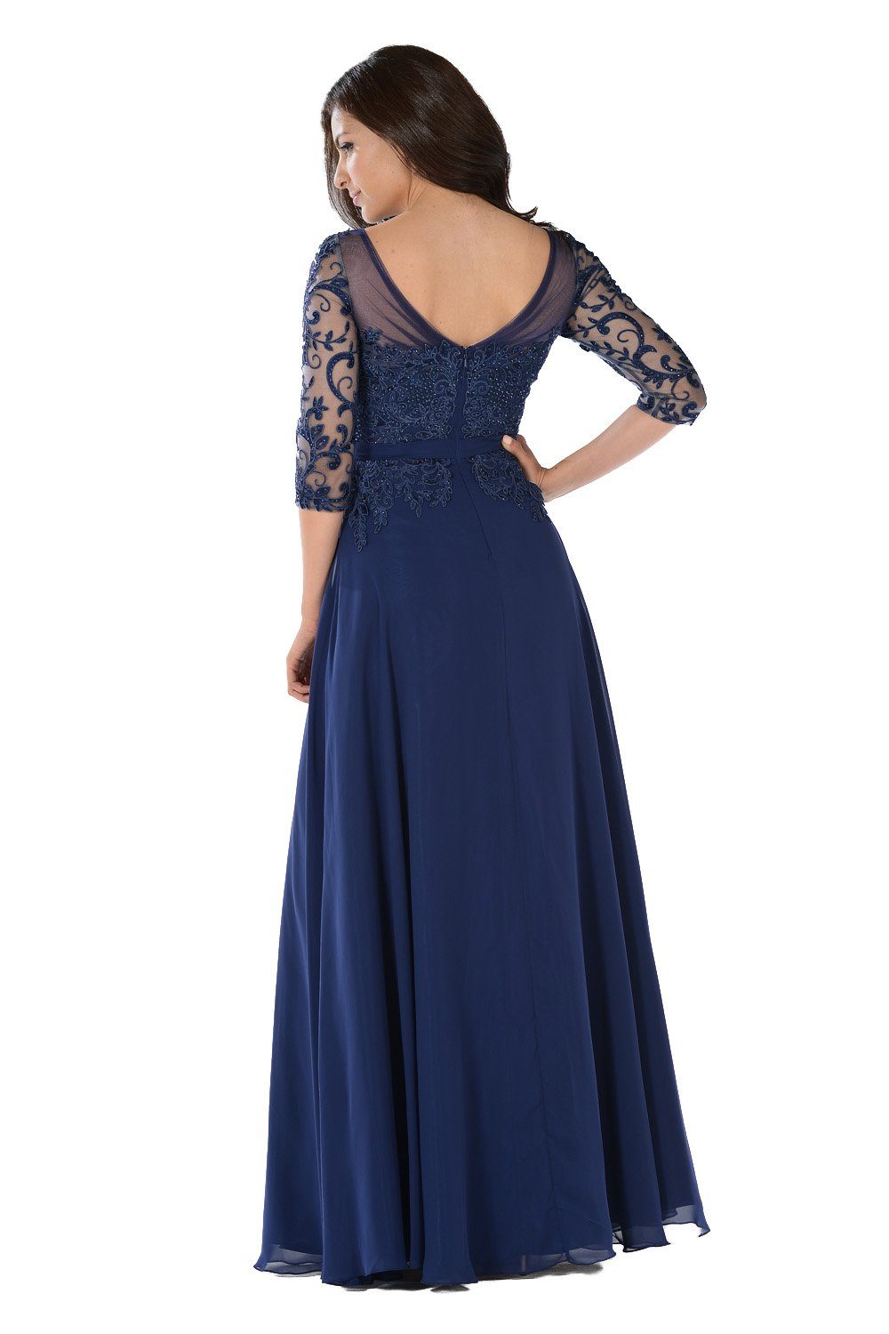 Long Navy Dress with Illusion Lace Sleeves by Poly USA-Long Formal Dresses-ABC Fashion