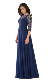 Long Navy Dress with Illusion Lace Sleeves by Poly USA-Long Formal Dresses-ABC Fashion