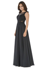 Long Navy Dress with Lace Applique Bodice by Poly USA-Long Formal Dresses-ABC Fashion