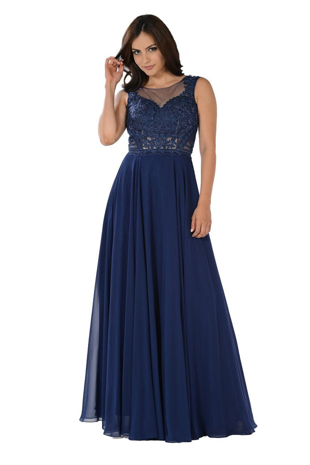 Long Navy Dress with Lace Applique Bodice by Poly USA-Long Formal Dresses-ABC Fashion