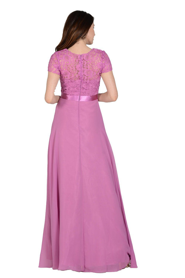 Long Navy Dress with Short-Sleeved Lace Bodice by Poly USA-Long Formal Dresses-ABC Fashion