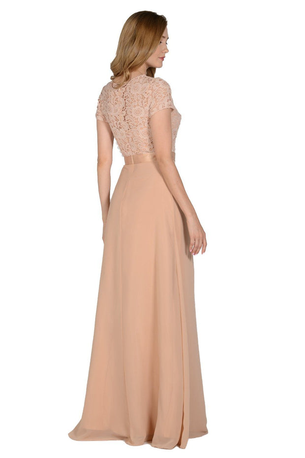 Long Navy Dress with Short-Sleeved Lace Bodice by Poly USA-Long Formal Dresses-ABC Fashion