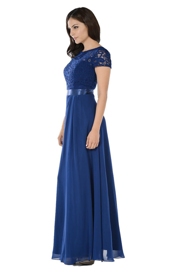 Long Navy Dress with Short-Sleeved Lace Bodice by Poly USA-Long Formal Dresses-ABC Fashion