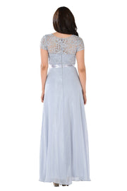 Long Navy Dress with Short-Sleeved Lace Bodice by Poly USA-Long Formal Dresses-ABC Fashion