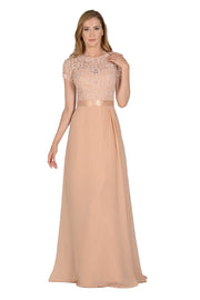 Long Navy Dress with Short-Sleeved Lace Bodice by Poly USA-Long Formal Dresses-ABC Fashion