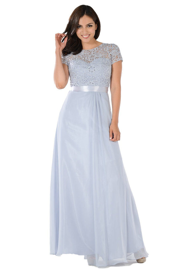 Long Navy Dress with Short-Sleeved Lace Bodice by Poly USA-Long Formal Dresses-ABC Fashion
