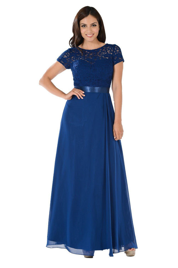 Long Navy Dress with Short-Sleeved Lace Bodice by Poly USA-Long Formal Dresses-ABC Fashion