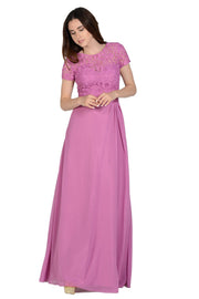 Long Navy Dress with Short-Sleeved Lace Bodice by Poly USA-Long Formal Dresses-ABC Fashion