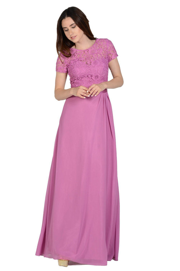 Long Navy Dress with Short-Sleeved Lace Bodice by Poly USA-Long Formal Dresses-ABC Fashion