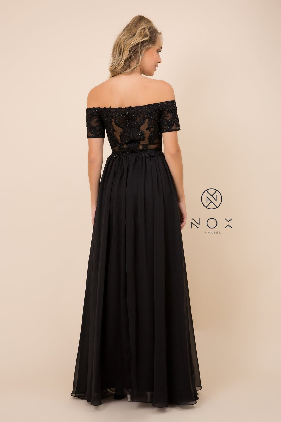 Long Off Shoulder Dress with Appliqued Bodice by Nox Anabel A061