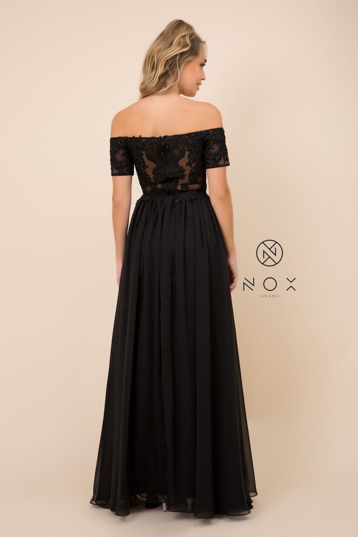 Long Off Shoulder Dress with Appliqued Bodice by Nox Anabel A061