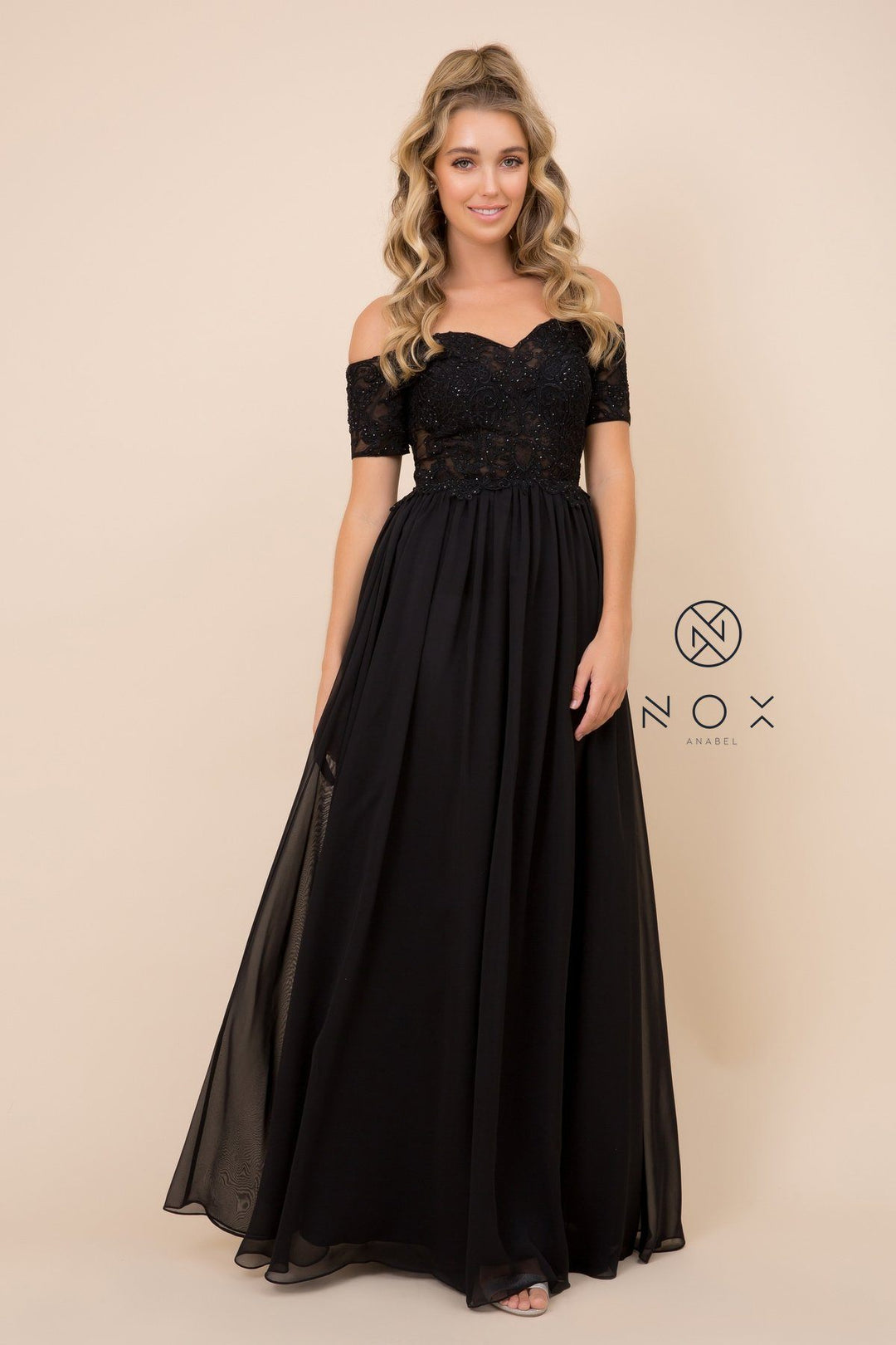 Long Off Shoulder Dress with Appliqued Bodice by Nox Anabel A061