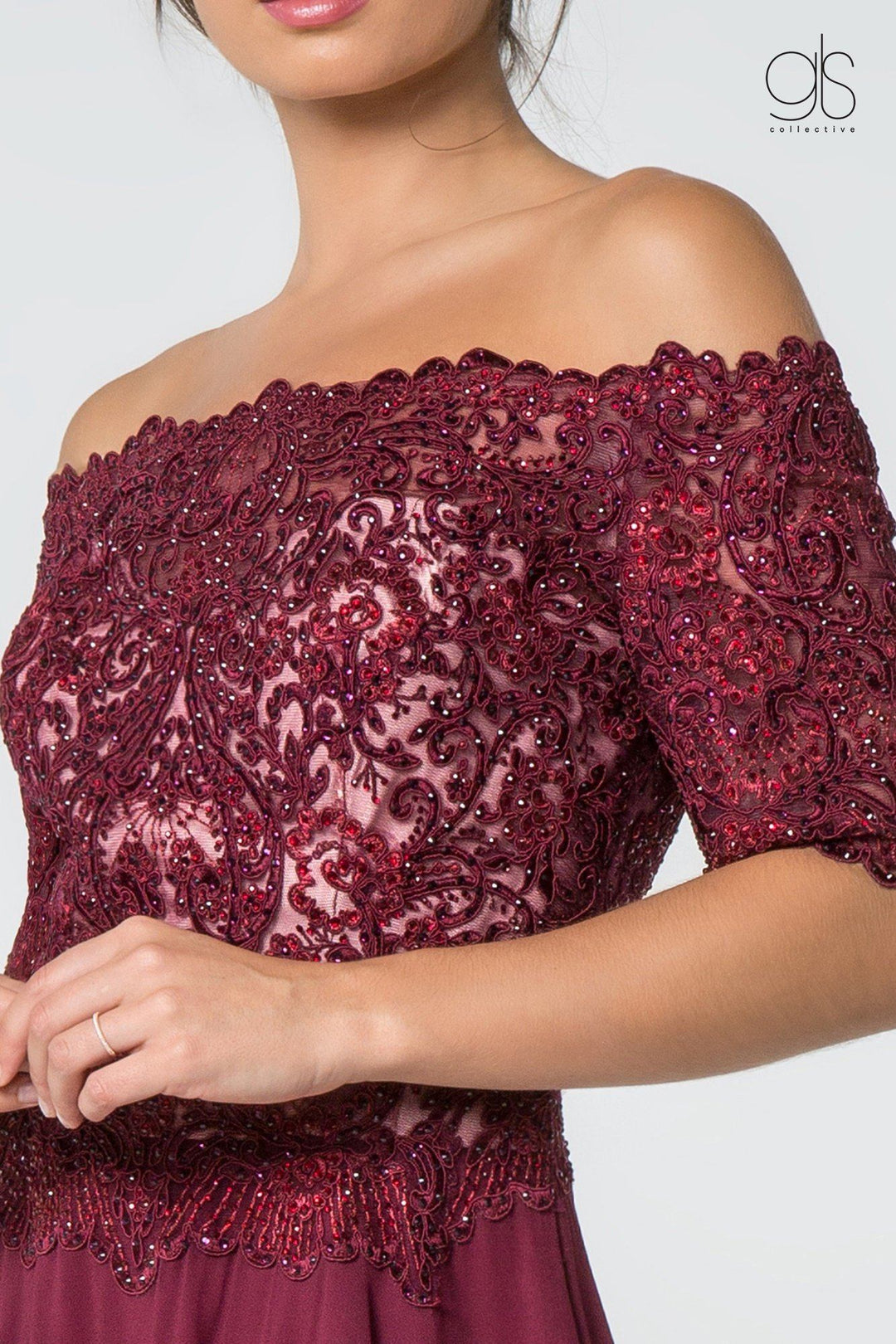 Long Off Shoulder Dress with Embroidered Bodice by Elizabeth K GL2525-Long Formal Dresses-ABC Fashion