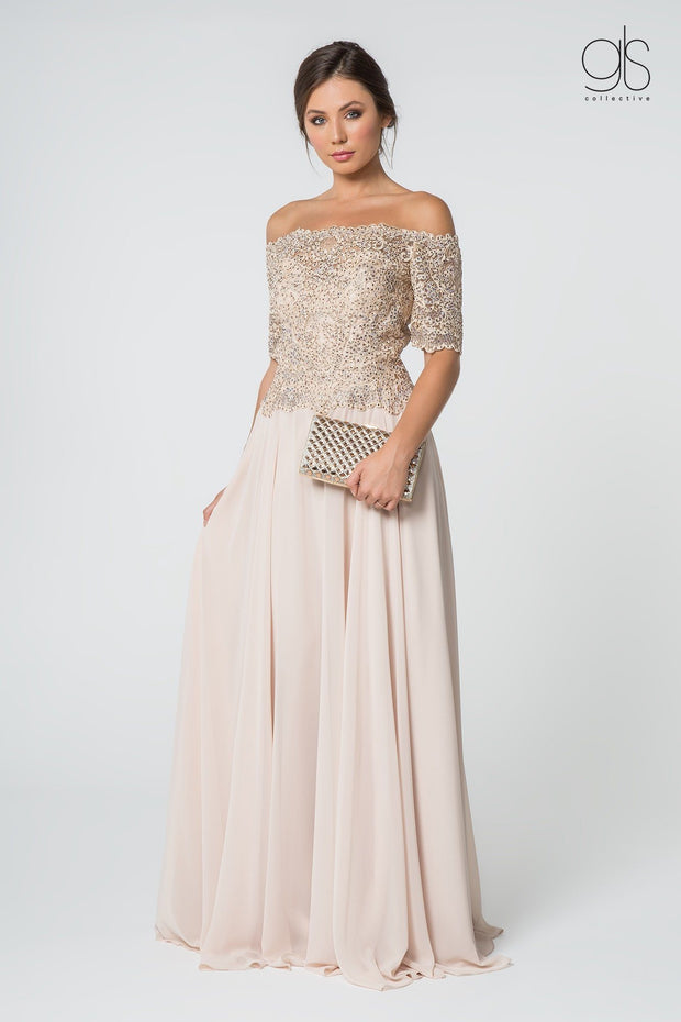 Long Off Shoulder Dress with Embroidered Bodice by Elizabeth K GL2525-Long Formal Dresses-ABC Fashion
