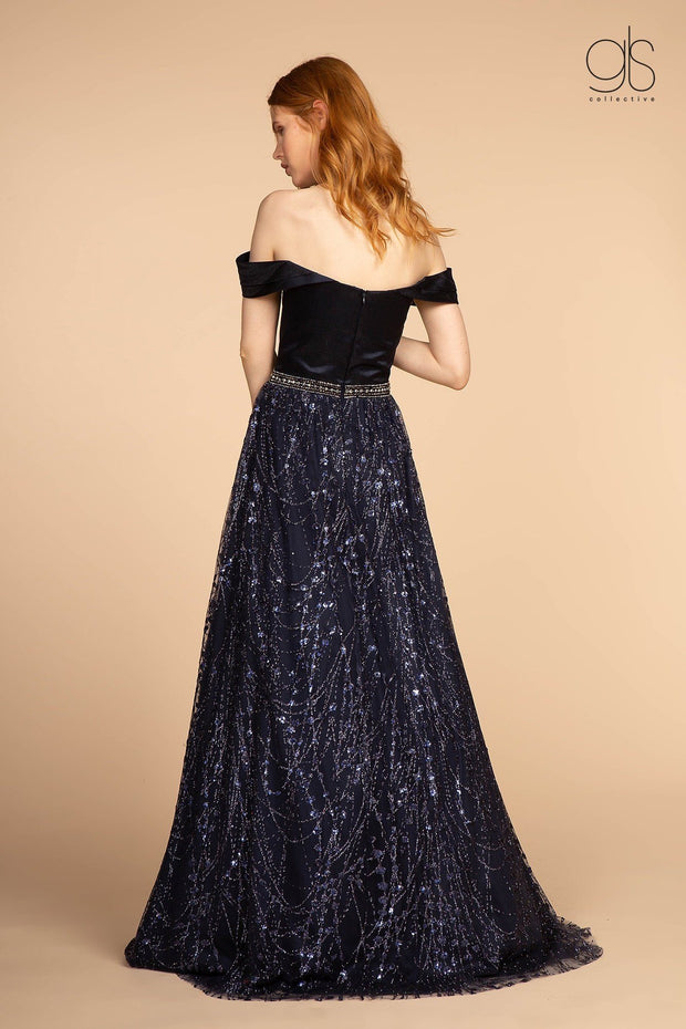 Long Off Shoulder Dress with Glitter Print Skirt by Elizabeth K GL2530-Long Formal Dresses-ABC Fashion